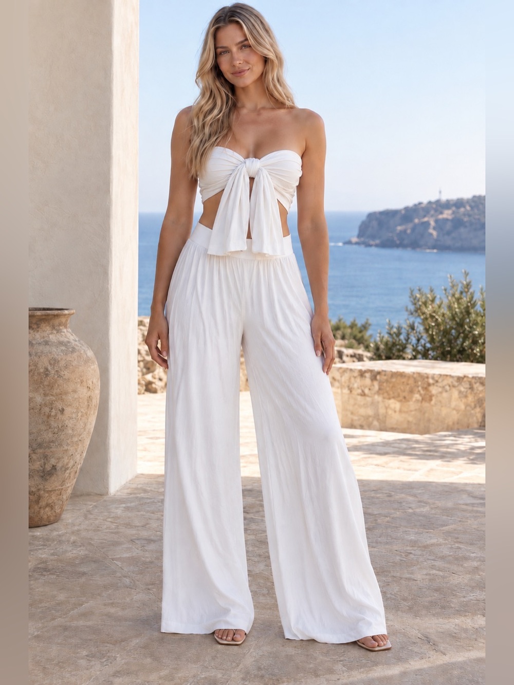 Women’s White Tory Two Piece with Self-Double Layer Wide Leg Pants XL
